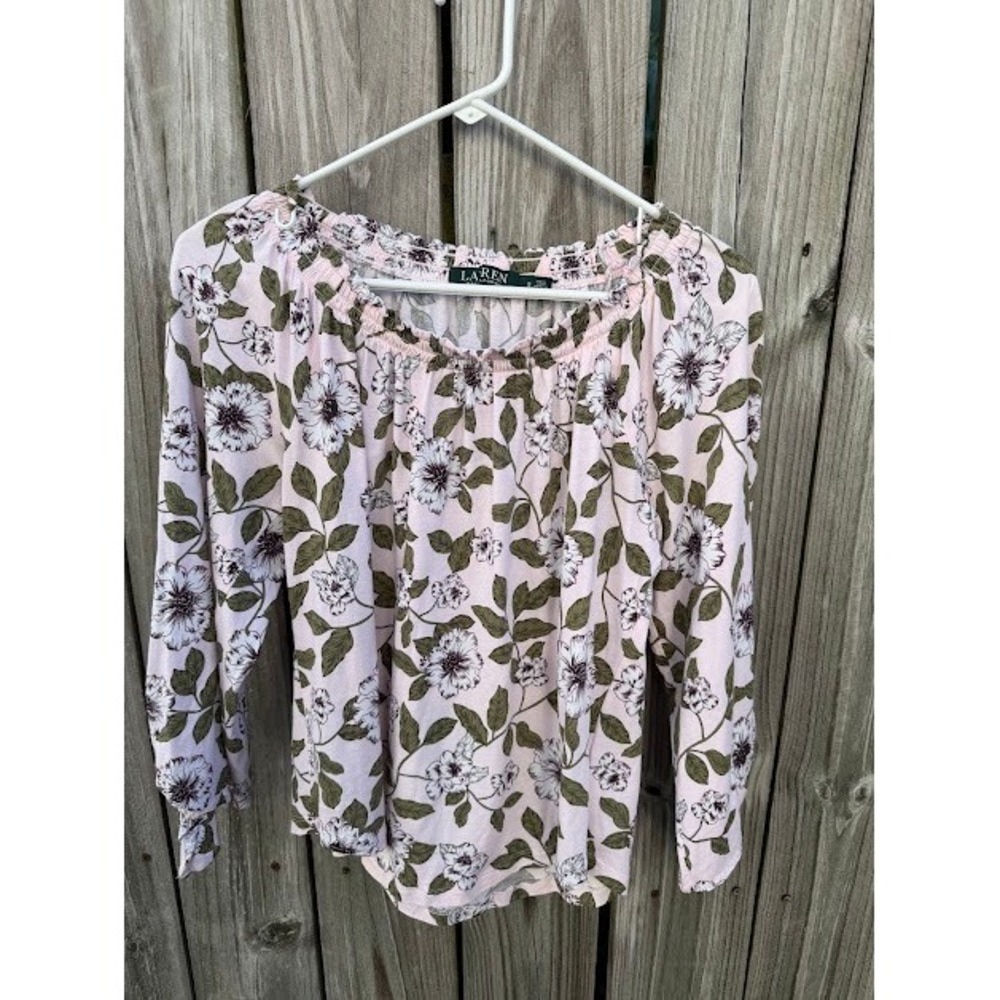 Cottagecore Boho Lauren Ralph Lauren Floral Smocked Top S Pink Peasant Blouse